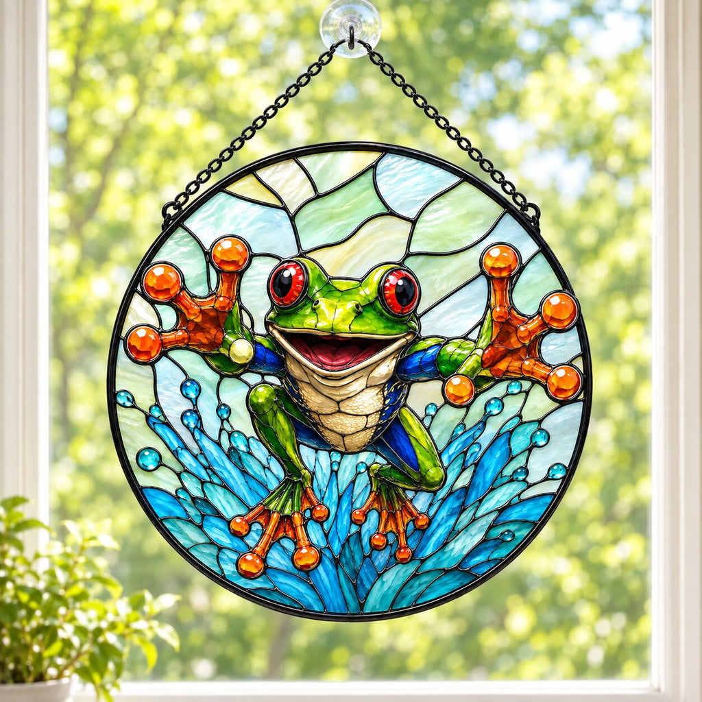 Red-Eyed Tree Frog Splash Stained Glass Suncatcher