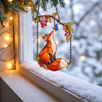 Red Fox & Blue Butterfly on Berry Branch Holographic Acrylic Suncatcher