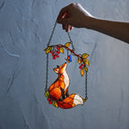 Red Fox & Blue Butterfly on Berry Branch Holographic Acrylic Suncatcher