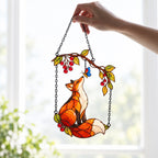 Red Fox & Blue Butterfly on Berry Branch Holographic Acrylic Suncatcher