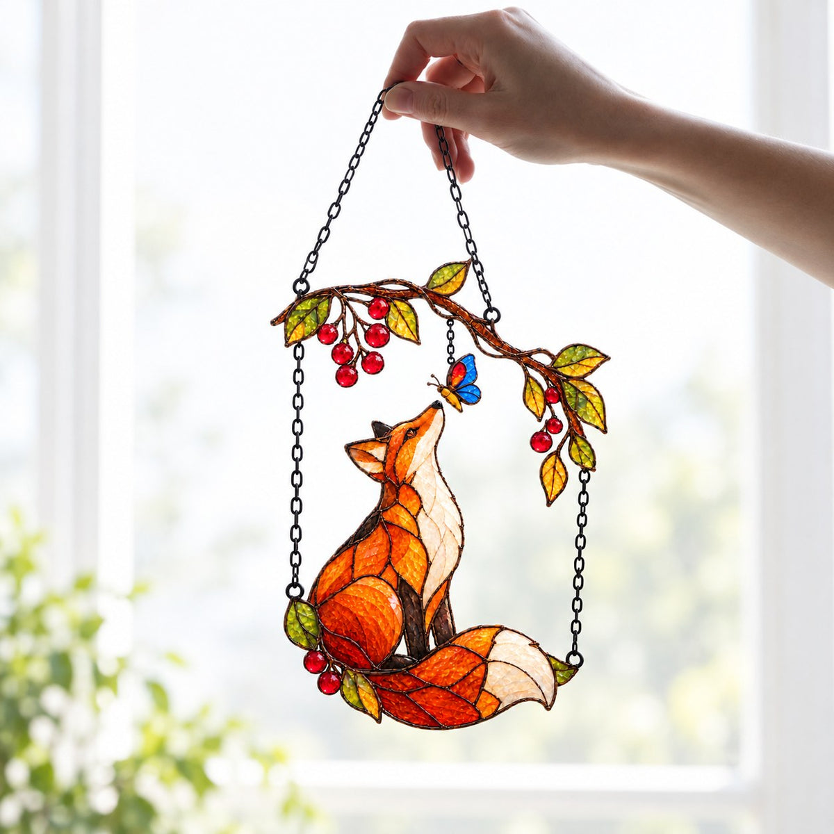 Red Fox & Blue Butterfly on Berry Branch Holographic Acrylic Suncatcher