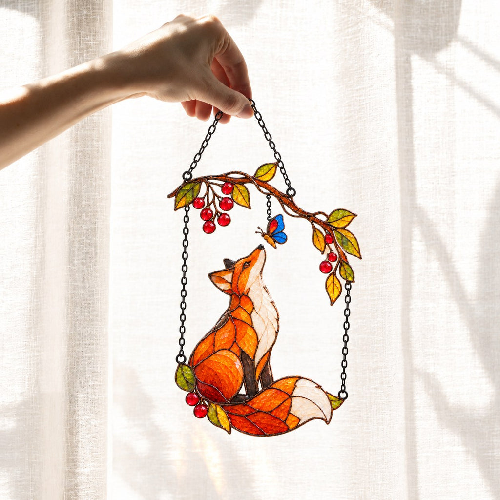 Red Fox & Blue Butterfly on Berry Branch Holographic Acrylic Suncatcher