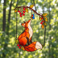 Red Fox & Blue Butterfly on Berry Branch Holographic Acrylic Suncatcher