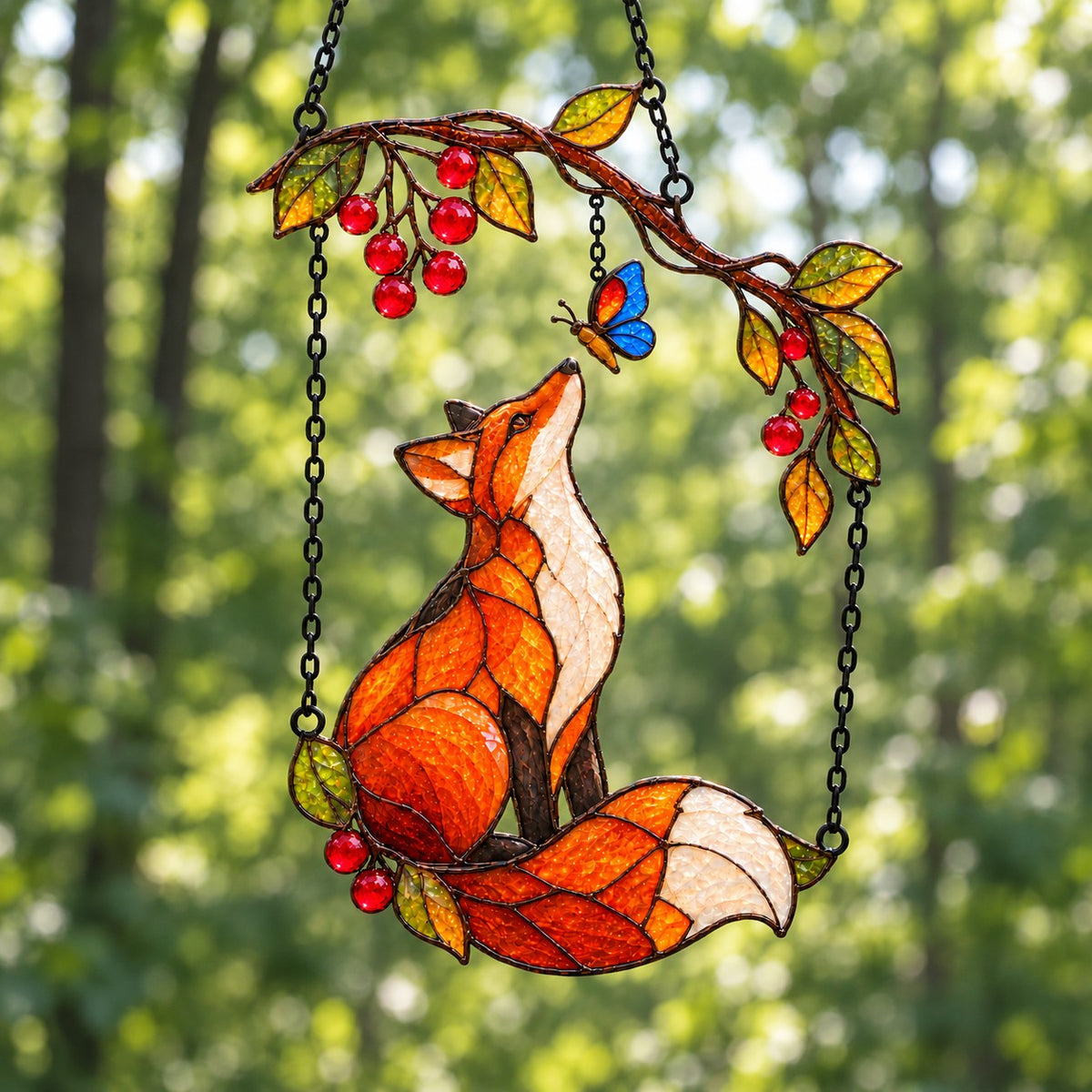 Red Fox & Blue Butterfly on Berry Branch Holographic Acrylic Suncatcher