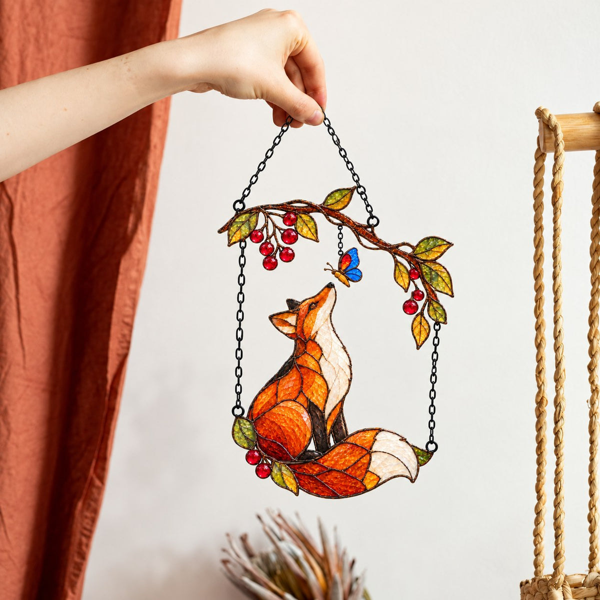 Red Fox & Blue Butterfly on Berry Branch Holographic Acrylic Suncatcher