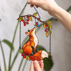 Red Fox & Blue Butterfly on Berry Branch Holographic Acrylic Suncatcher