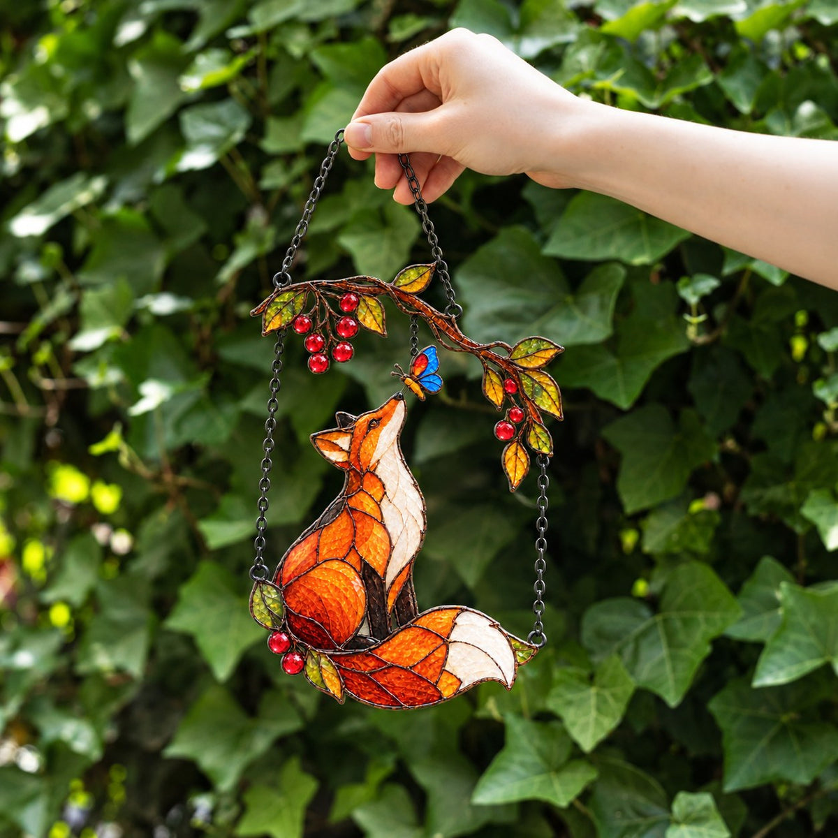 Red Fox & Blue Butterfly on Berry Branch Holographic Acrylic Suncatcher