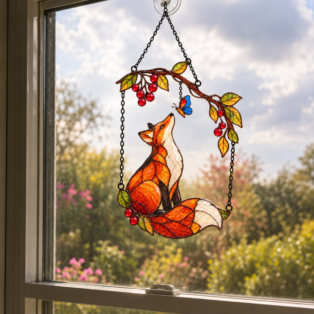 Red Fox & Blue Butterfly on Berry Branch Holographic Acrylic Suncatcher