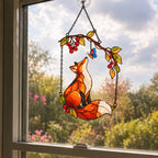 Red Fox & Blue Butterfly on Berry Branch Holographic Acrylic Suncatcher