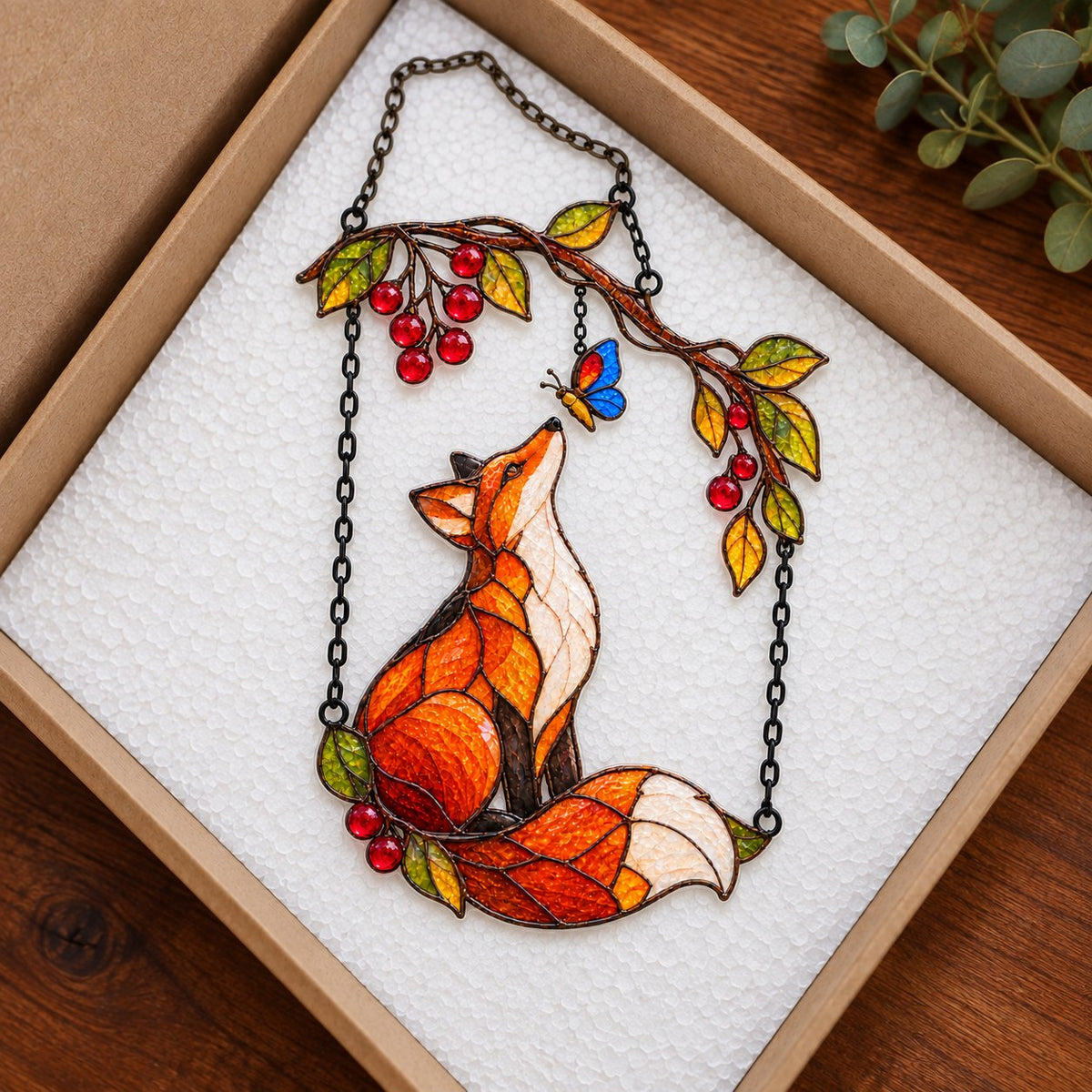 Red Fox & Blue Butterfly on Berry Branch Holographic Acrylic Suncatcher