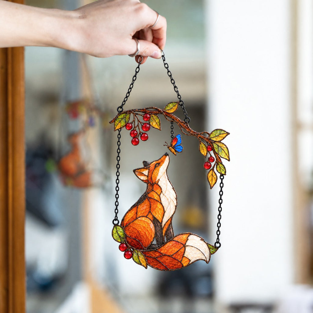 Red Fox & Blue Butterfly on Berry Branch Holographic Acrylic Suncatcher