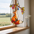Red Fox & Blue Butterfly on Berry Branch Holographic Acrylic Suncatcher