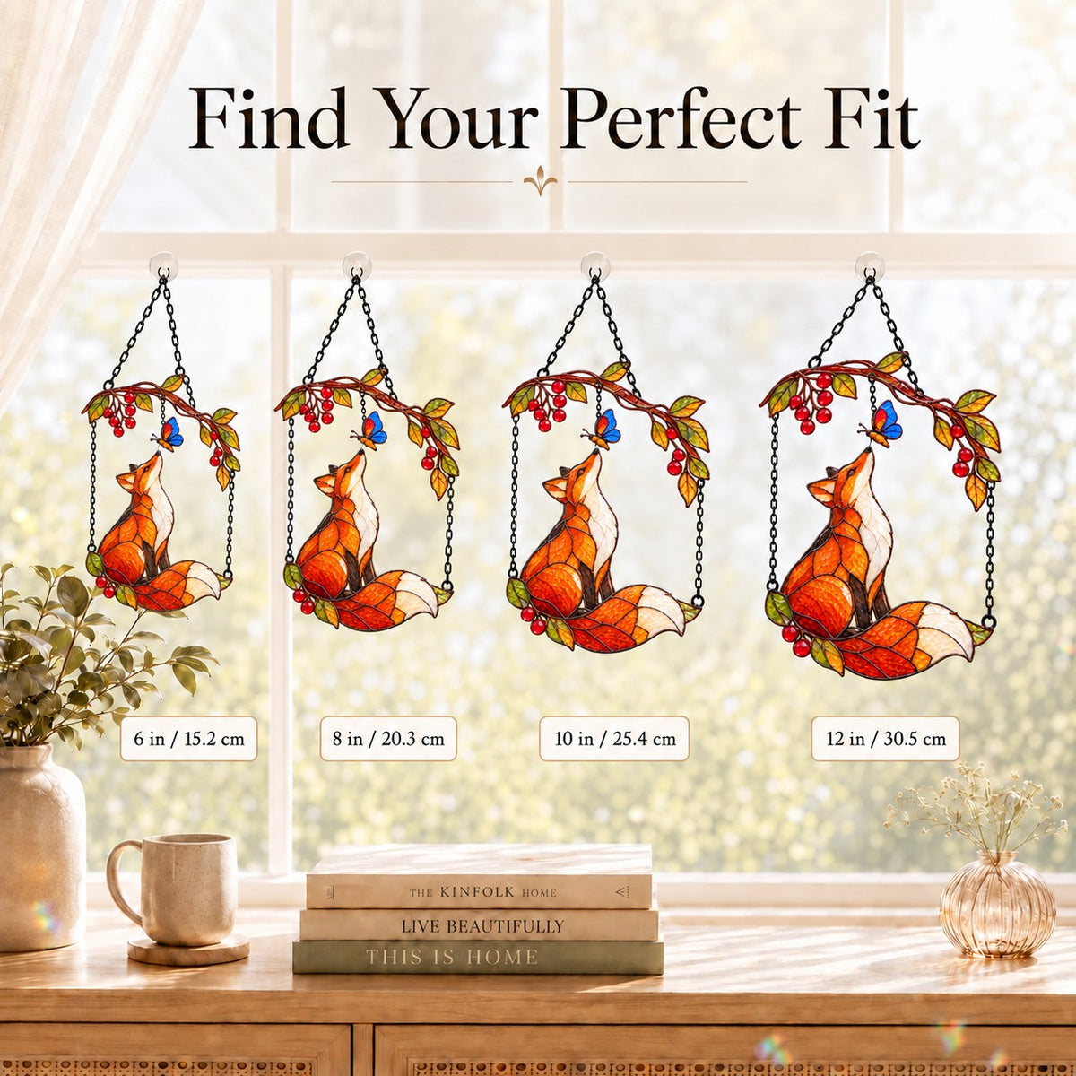 Red Fox & Blue Butterfly on Berry Branch Holographic Acrylic Suncatcher
