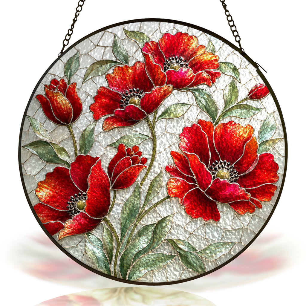 Red poppy stained glass suncatcher with black frame on a white background