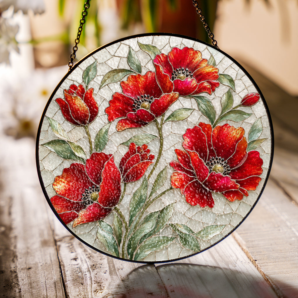 Red poppy suncatcher shown as window and garden decor