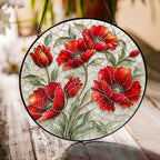 Red poppy suncatcher shown as window and garden decor