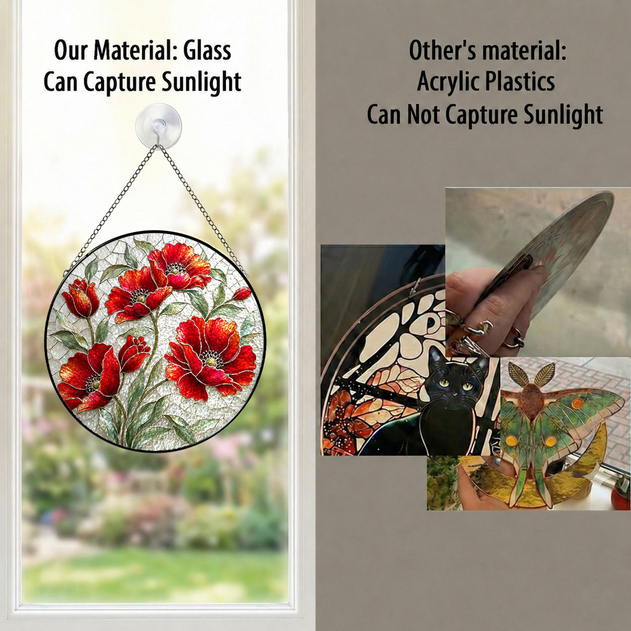 Red poppy suncatcher in a cozy window with soft natural light