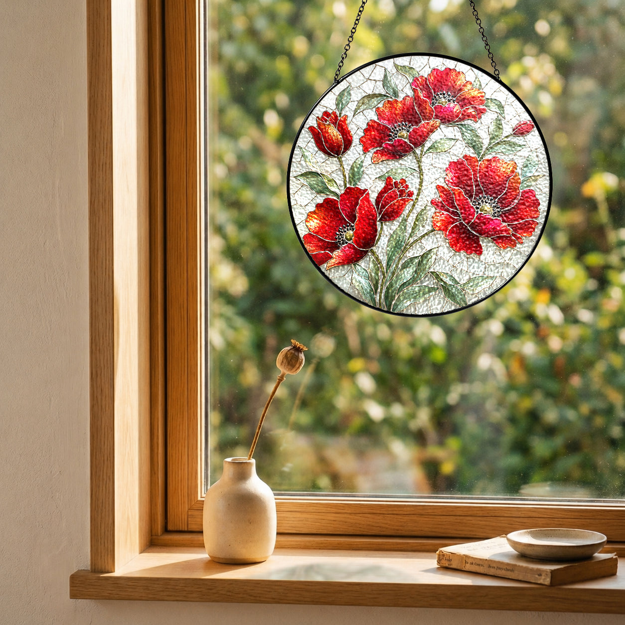 Red poppy suncatcher near a window with colorful light reflection