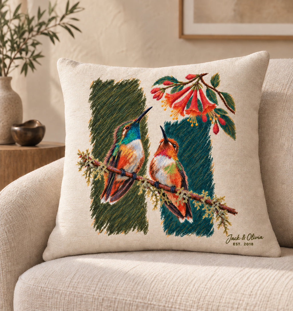 Personalized Rest Your Wings Hummingbird Couple Woven Throw Pillow
