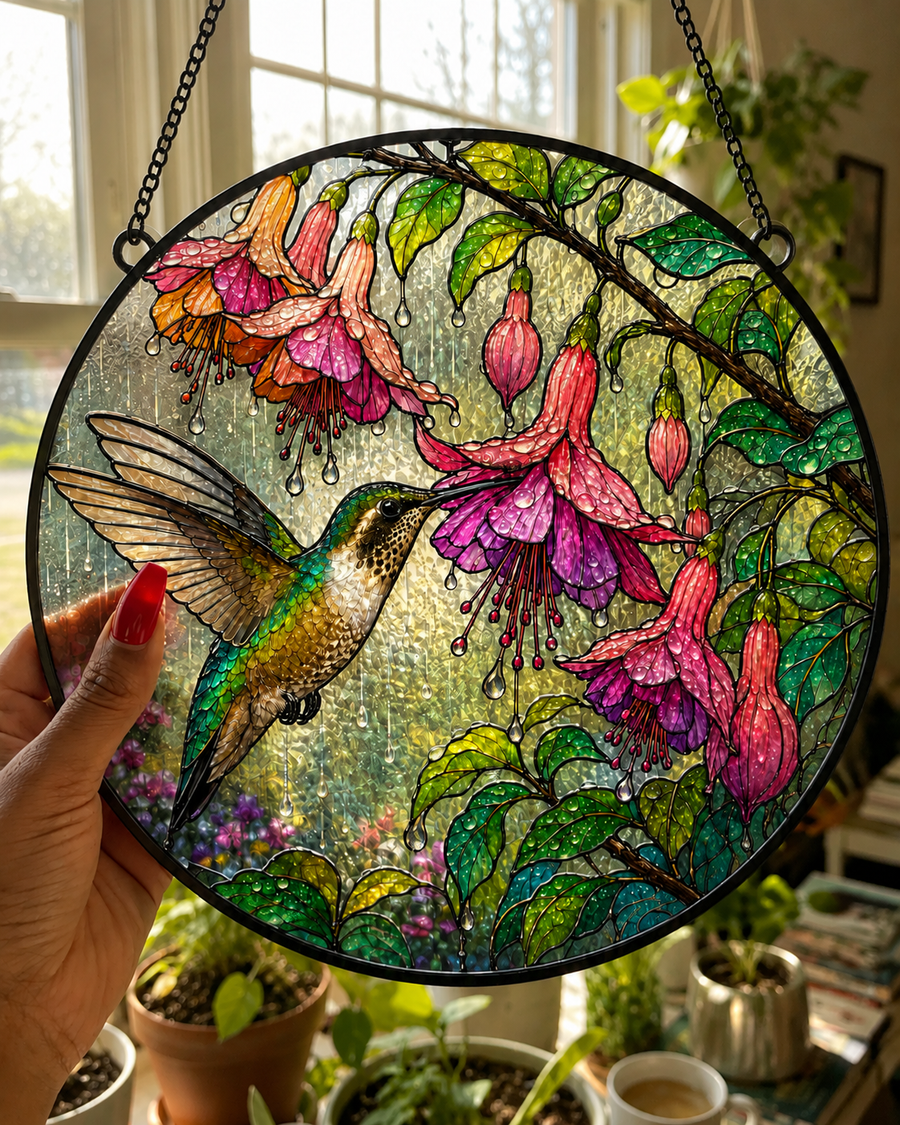 Customer photo — Hummingbird & Fuchsia Stained Glass Suncatcher