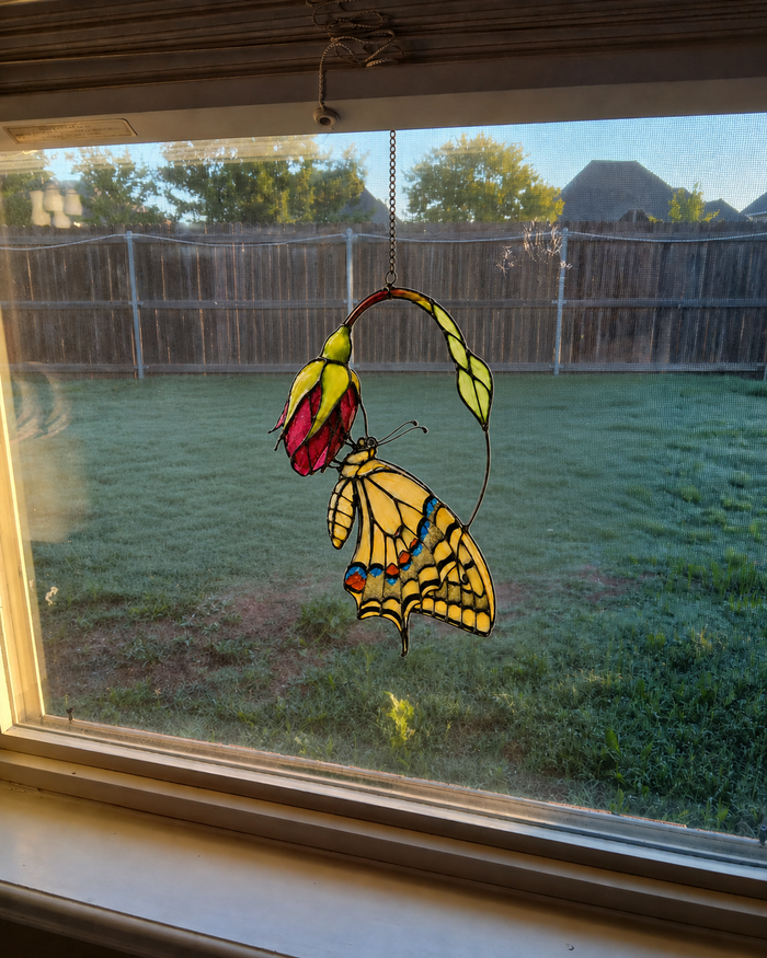 Customer photo — Swallowtail Butterfly & Pink Blossom Holographic Acrylic Suncatcher
