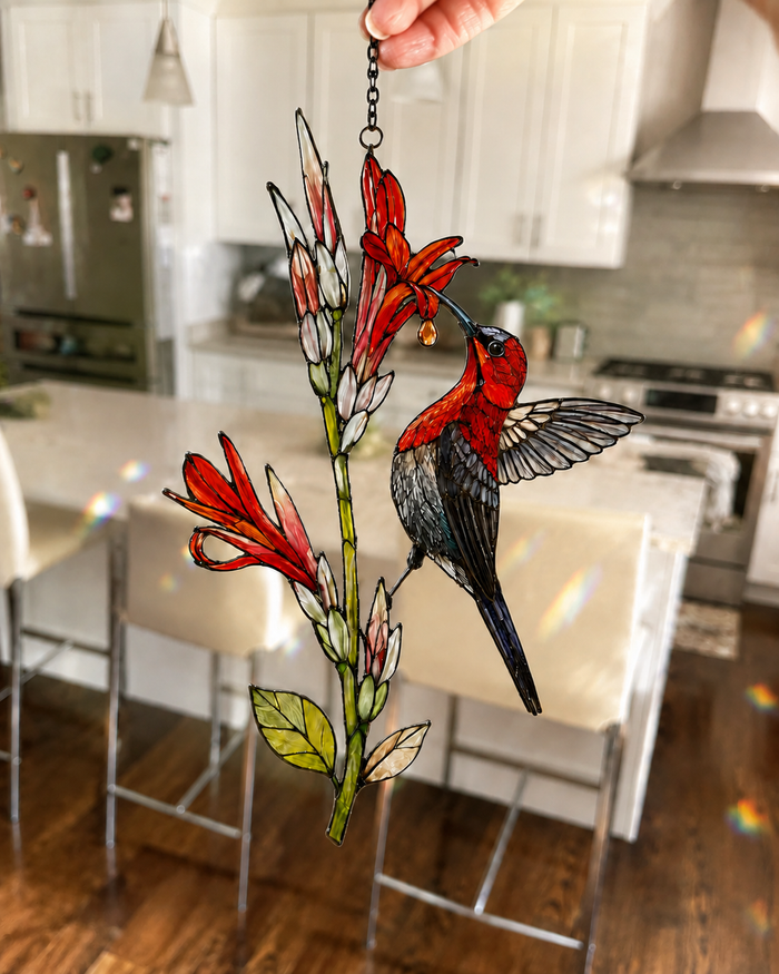 Customer photo — Crimson Sunbird & Canna Lily Holographic Acrylic Suncatcher
