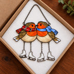 Robin Couple with Ice Skates Holographic Acrylic Suncatcher