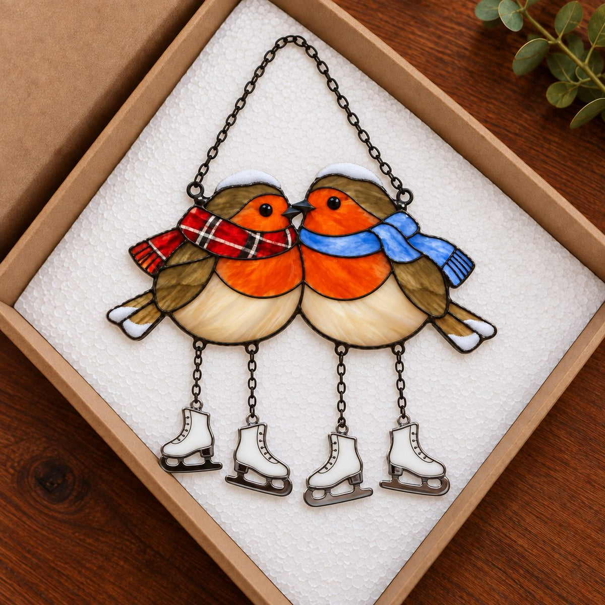 Robin Couple with Ice Skates Holographic Acrylic Suncatcher