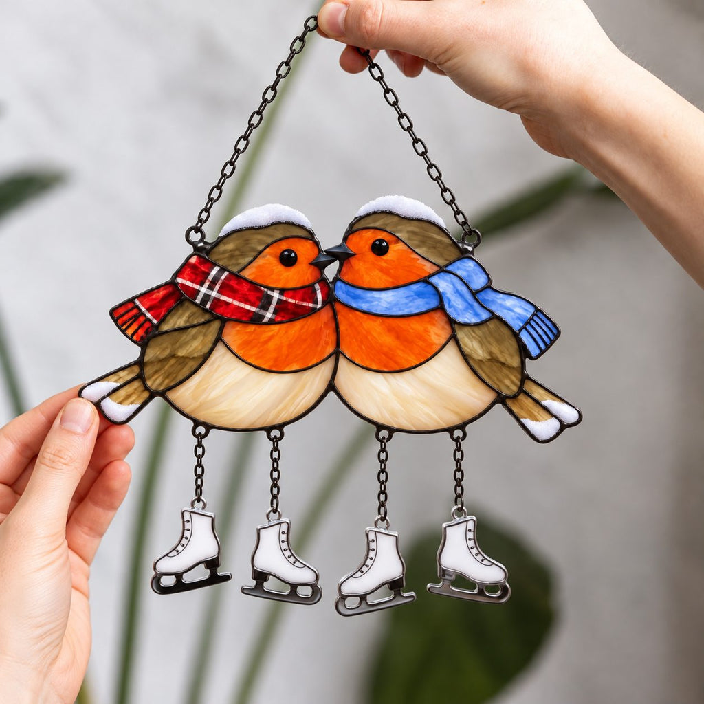 Robin Couple with Ice Skates Holographic Acrylic Suncatcher