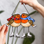 Robin Couple with Ice Skates Holographic Acrylic Suncatcher