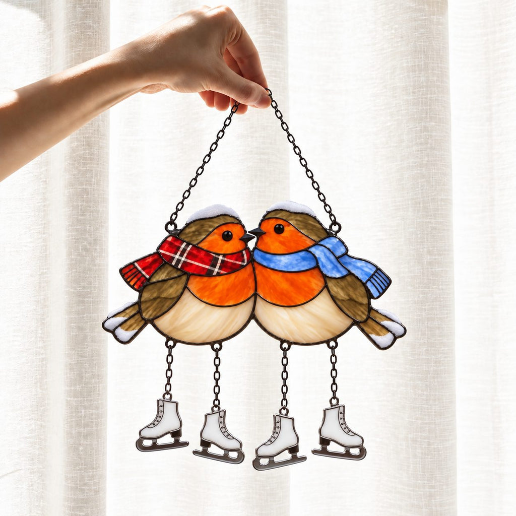 Robin Couple with Ice Skates Holographic Acrylic Suncatcher