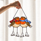 Robin Couple with Ice Skates Holographic Acrylic Suncatcher