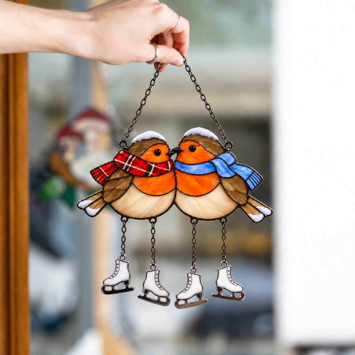 Robin Couple with Ice Skates Holographic Acrylic Suncatcher