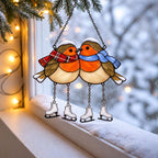 Robin Couple with Ice Skates Holographic Acrylic Suncatcher