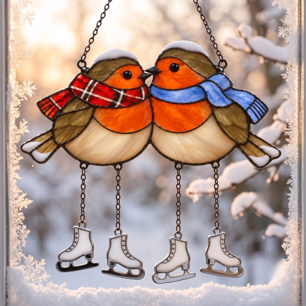 Robin Couple with Ice Skates Holographic Acrylic Suncatcher