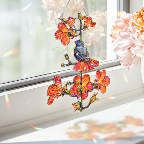 Robin and orange trumpet flower holographic acrylic suncatcher with rainbow broken-glass hologram finish, hanging window ornament