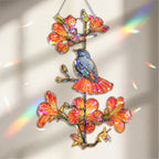 Robin and orange trumpet flower holographic acrylic suncatcher, handcrafted rainbow window ornament