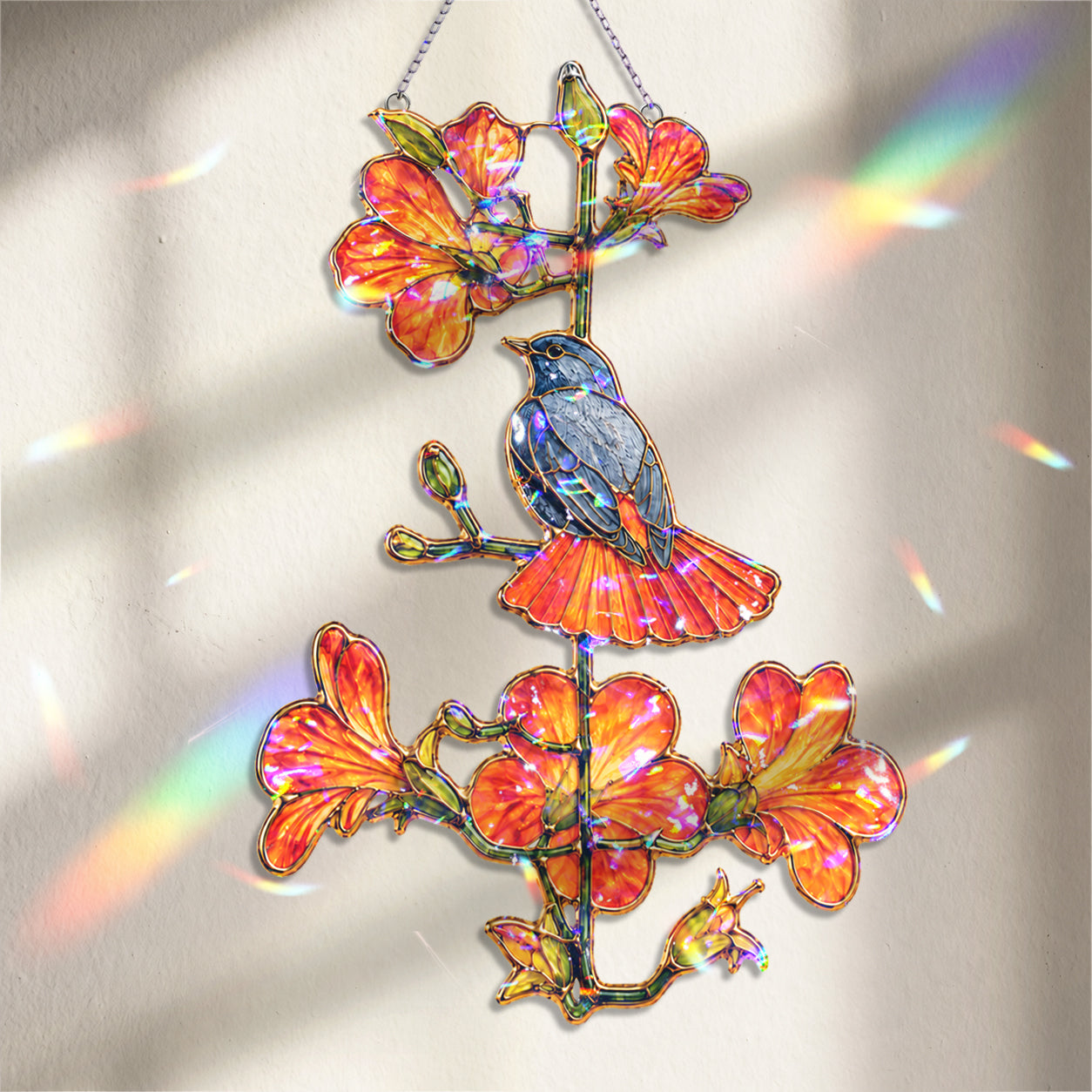 Robin and orange trumpet flower holographic acrylic suncatcher, handcrafted rainbow window ornament