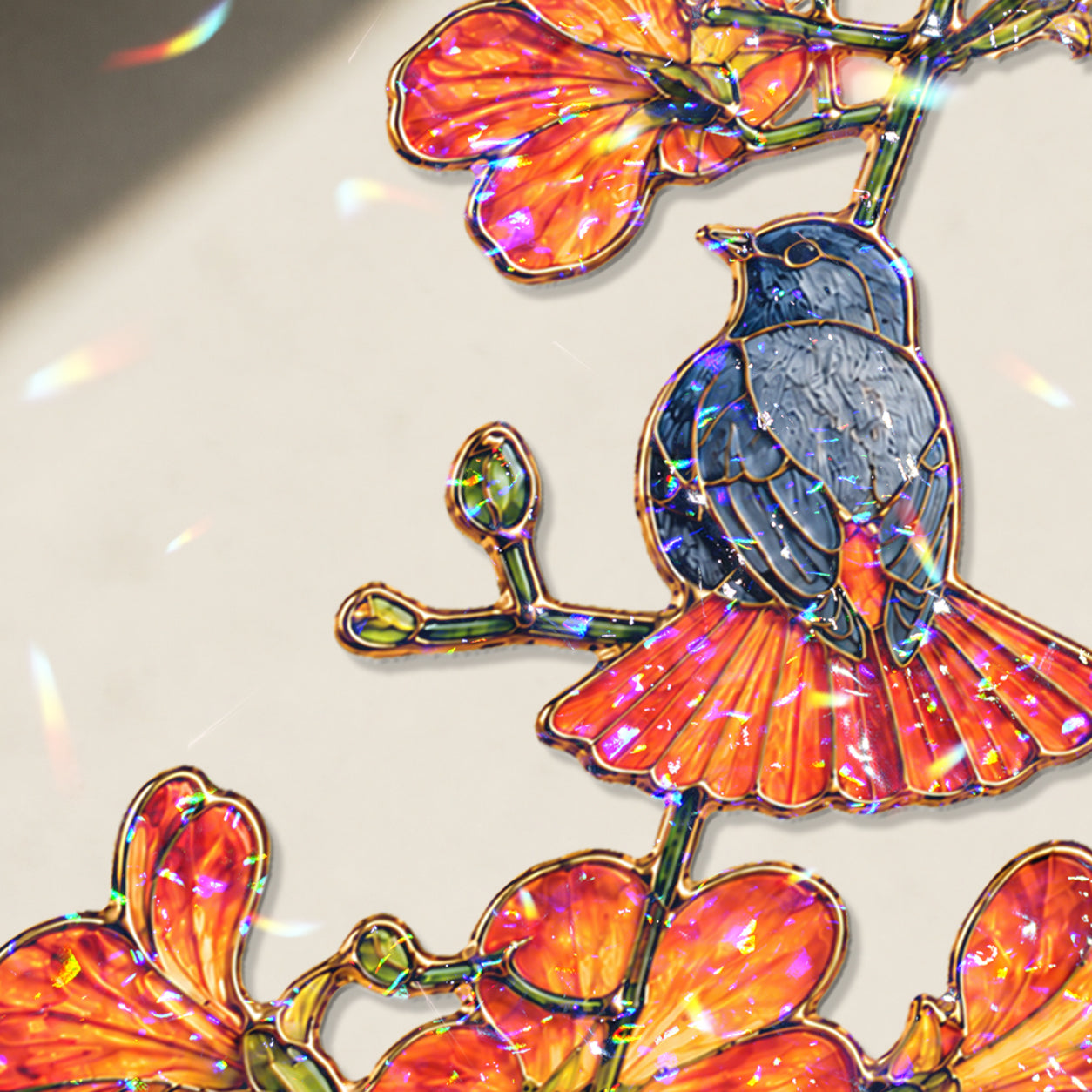 Robin and orange trumpet flower holographic suncatcher in a bright home lifestyle setting