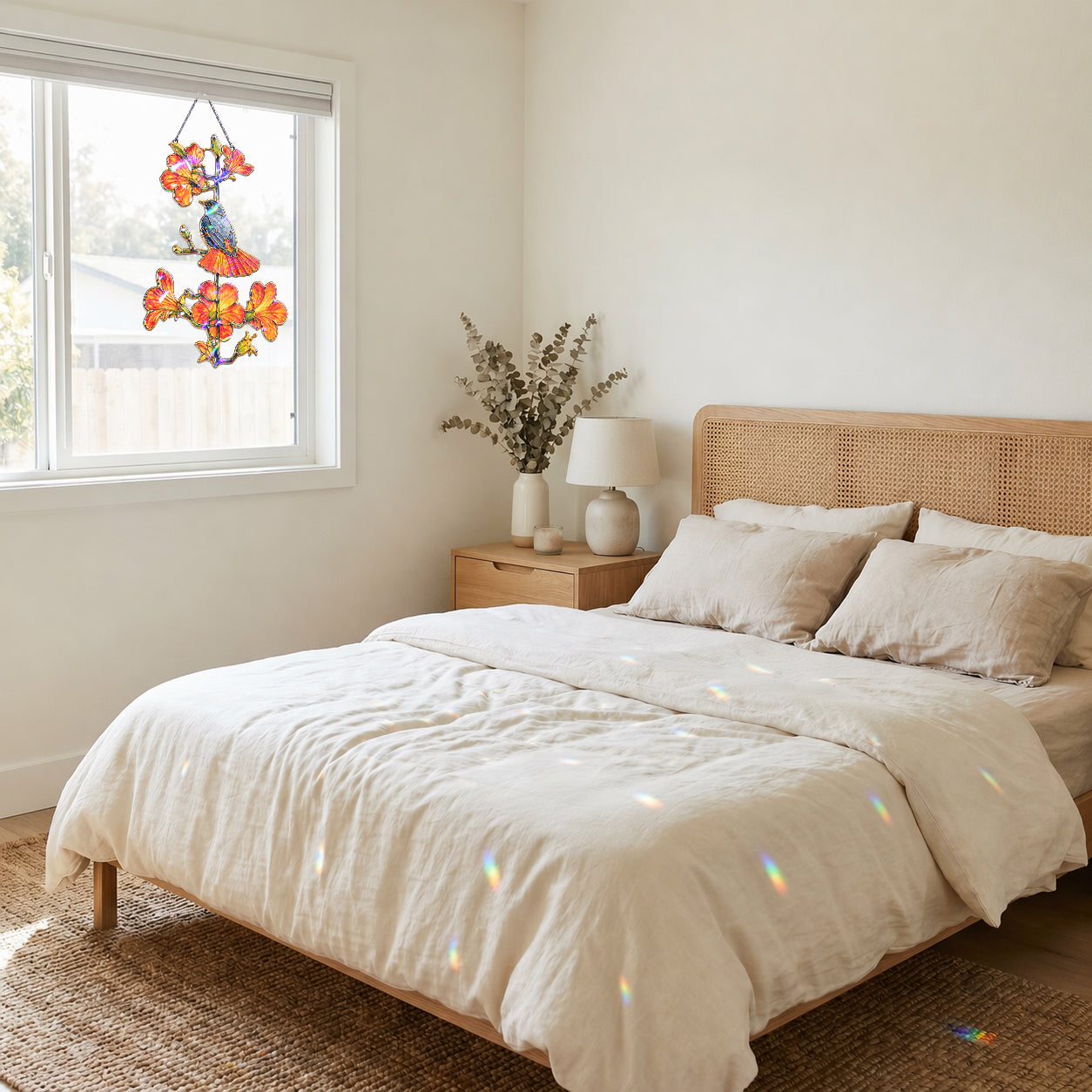 Robin and orange trumpet flower acrylic suncatcher gift, ready-to-hang holographic window decor