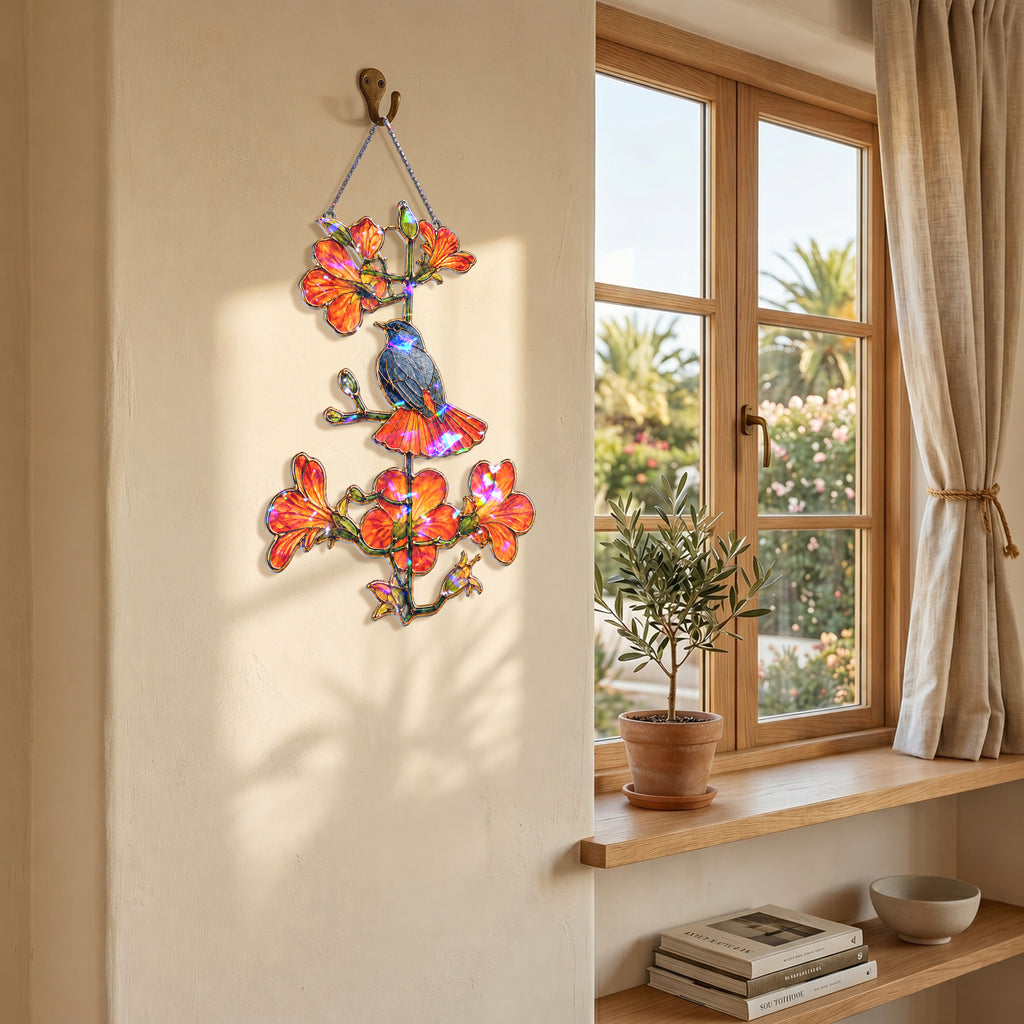 Robin and orange trumpet flower holographic suncatcher shown from an angle highlighting its holographic shimmer