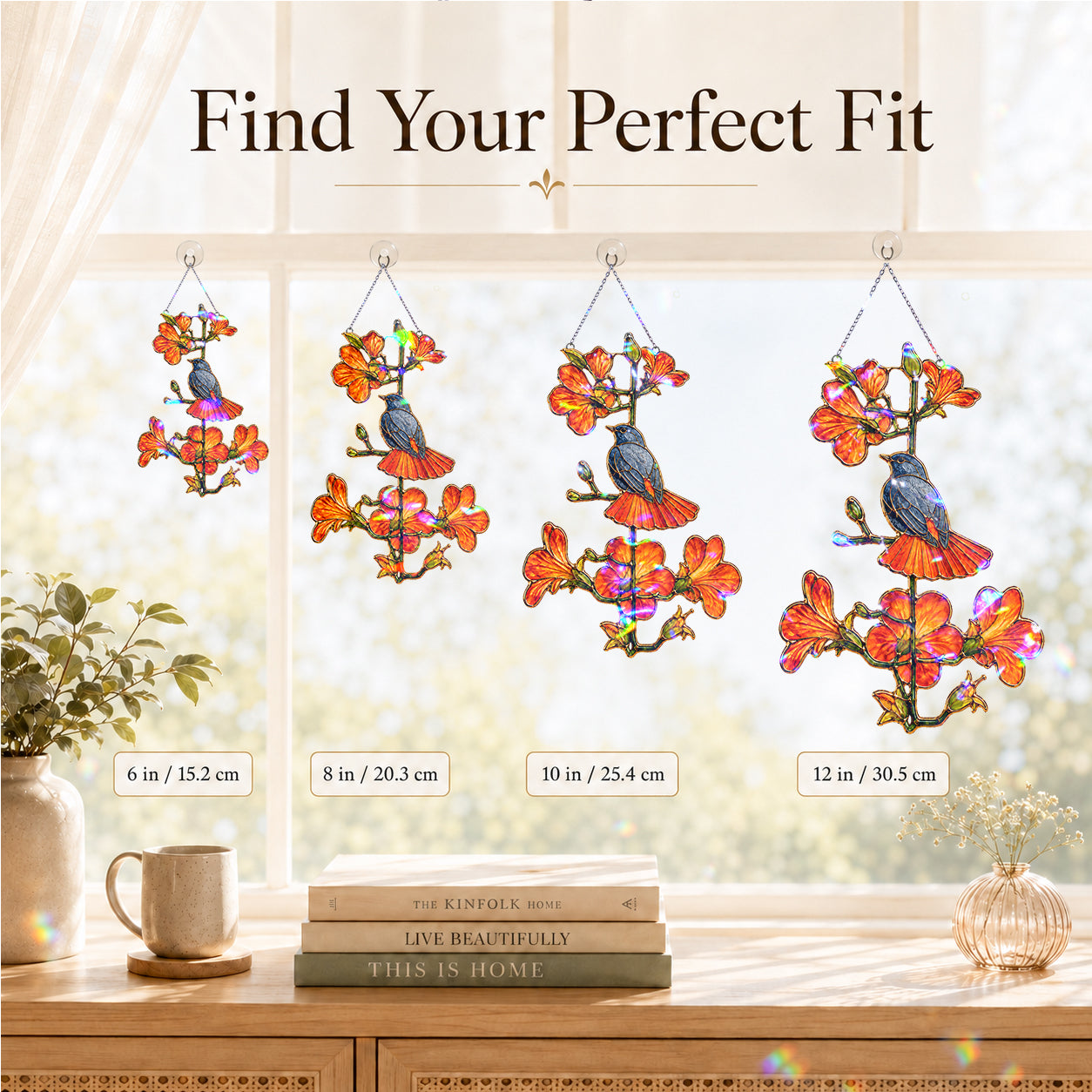 Robin and orange trumpet flower acrylic suncatcher available in 6, 8, 10 and 12 inch sizes