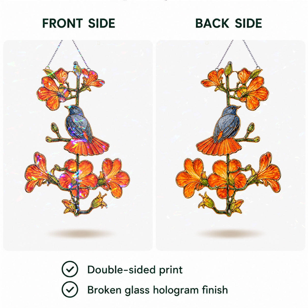 Double-sided robin and orange trumpet flower holographic acrylic suncatcher glowing in natural light
