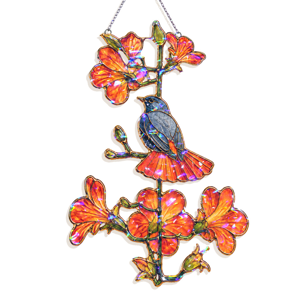 Robin & Orange Trumpet Flower Holographic Acrylic Suncatcher