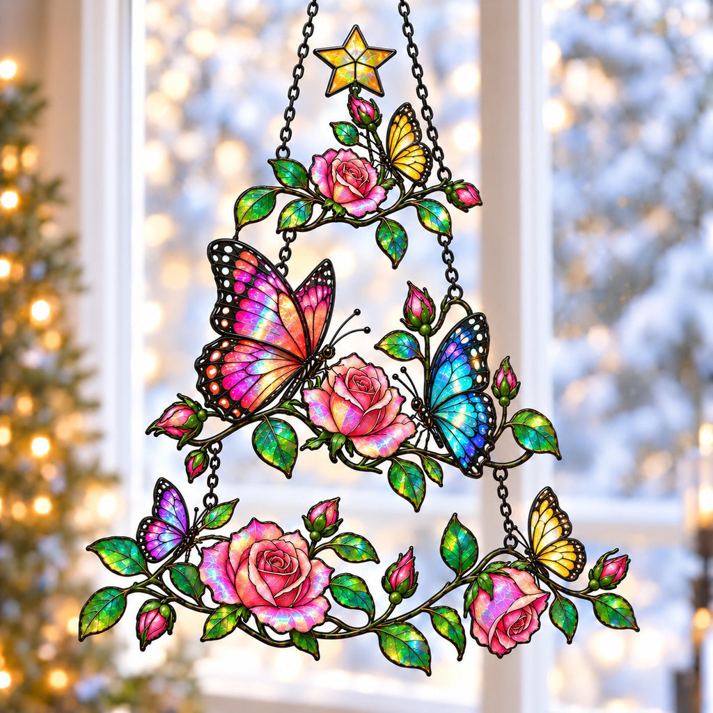 Rose & Butterfly Christmas Tree Holographic Acrylic Suncatcher