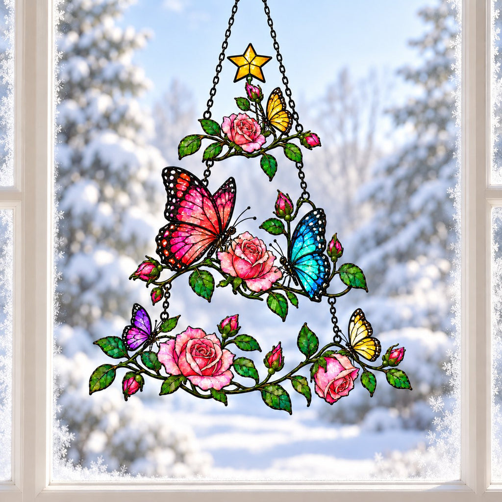 Rose & Butterfly Christmas Tree Holographic Acrylic Suncatcher