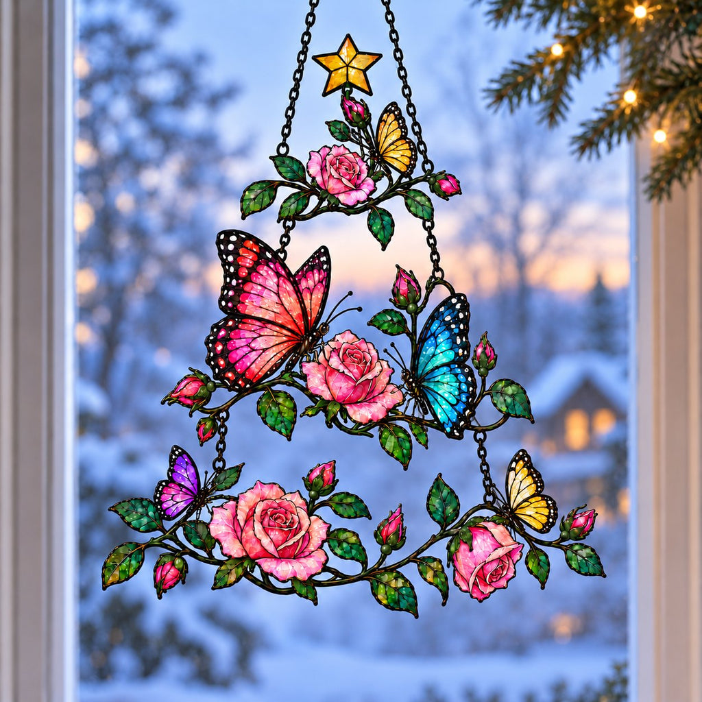 Rose & Butterfly Christmas Tree Holographic Acrylic Suncatcher