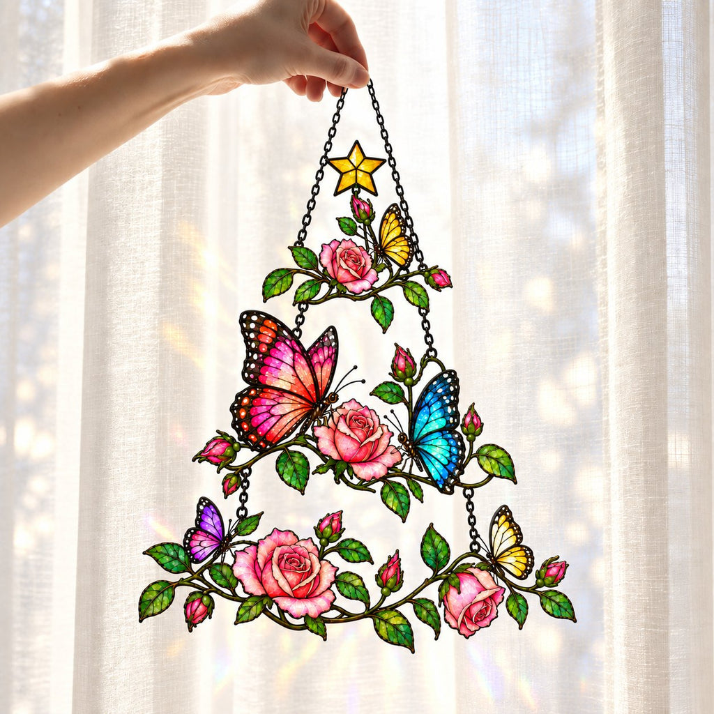 Rose & Butterfly Christmas Tree Holographic Acrylic Suncatcher
