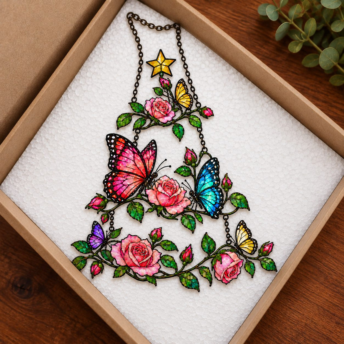 Rose & Butterfly Christmas Tree Holographic Acrylic Suncatcher