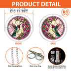 Product detail graphic showing front and back views, 64 pieces, size options, hanging chain, jump rings, and screw hardware.